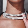 Silver Color 14mm Prong Miami Cuban Link Chain Necklace For Women Iced Out 2 Row Rhinestones Square Cuban Link Choker Jewelry Golven Toy. 