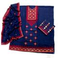 Navy Blue Color 3 Piece Unstitch Sindhi Embroidery Suit/Traditional Suit/Sindhi Embroidery/Aari Embroidery Machine. 