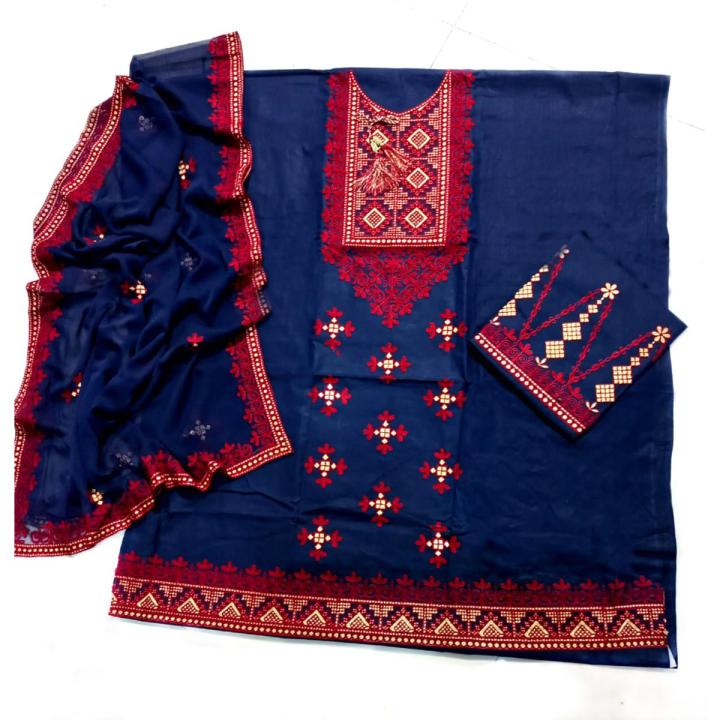 Navy Blue Color 3 Piece Unstitch Sindhi Embroidery Suit/Traditional Suit/Sindhi Embroidery/Aari Embroidery Machine