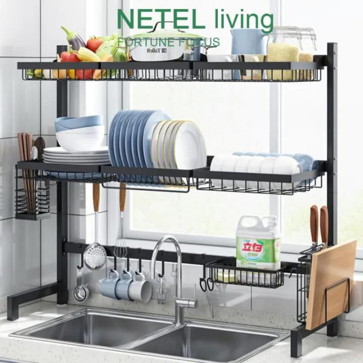 Dish Rack, Rustproof, Black 2 Tier Dish Drainer with Cutlery Basket and Drip Tray, Dish Drainer for Kitchen, Plates and Cutlery
