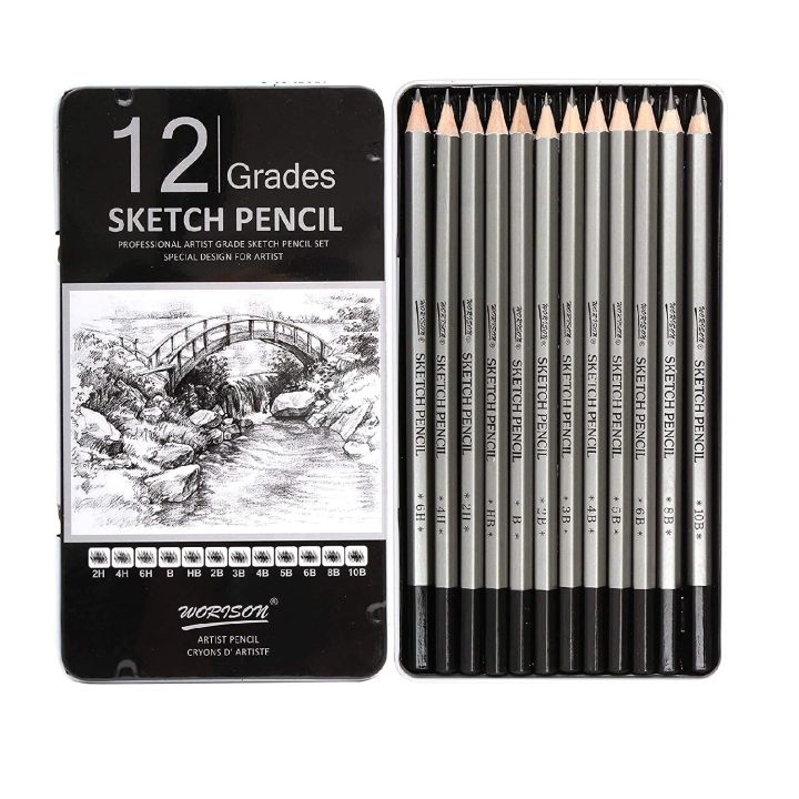 Worison Professional Sketch and Drawing pencils set, Art Pencil 12-Count Drawing/Sketching Pencil Set of 12 in Metal Box