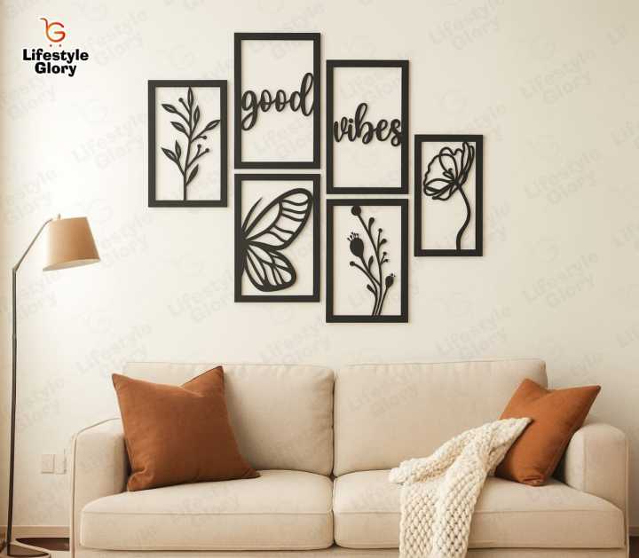 Lifestyle Glory Brand “Good Vibes” Butterfly & Floral Wall Art I 6 Piece Framed Set I Wall Decoration Items I Decoration Items For Home I Decoration Items I Home Decoration Items I Decorating Items For Room I Motivational Quotes Frames I Room Decoration