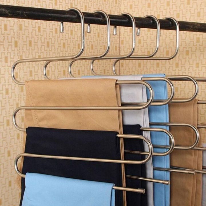 Stainless Steel Trousers Hanger Multi Purpose Pants Hangers Rack Stainless Steel Magic for Hanging Trousers Jeans Scarf Tie Clothes Space Saving Storage Rack 5 Layers