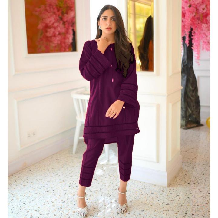 Stitched Lace Work Pintex Two Piece Suit for Women - Casual Dresses for Women