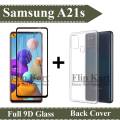 Samsung A21s Full Black 9D Tempered Glass Edge To Edge (Full Glue) Screen Protector + Back Cover Transparent Soft Crystal Clear Case For A21s. 