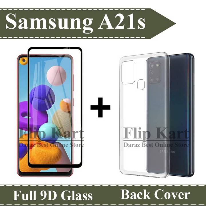 Samsung A21s Full Black 9D Tempered Glass Edge To Edge (Full Glue) Screen Protector + Back Cover Transparent Soft Crystal Clear Case For A21s