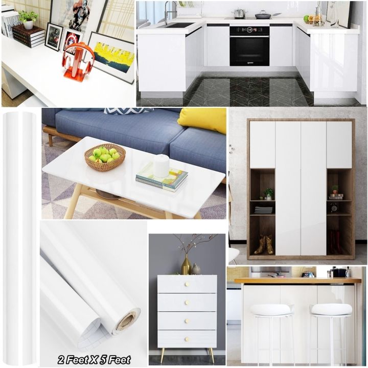 2 Feet X 5 Feet Self Adhesive Glossy Shiny White Furniture Decor Kitchen Counter Shelf living Room Drawing Room Cabinet Table Door Water Proof Sticker Wallpaper