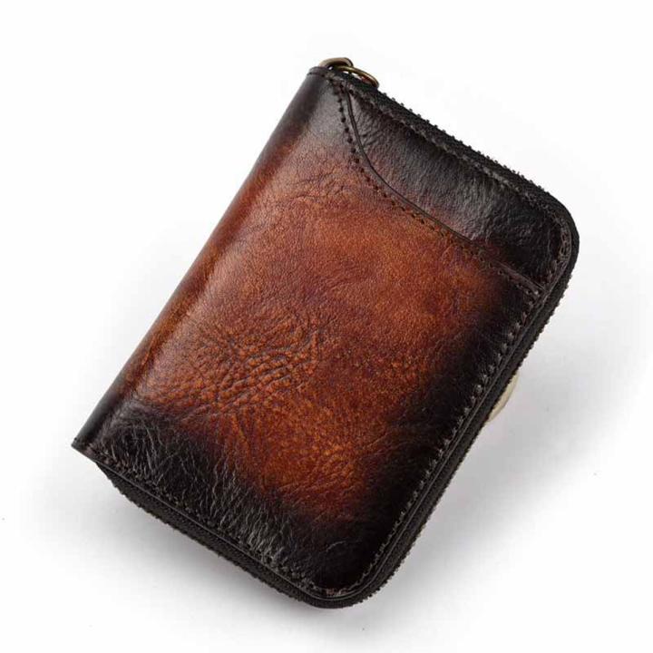 Vegetable Tanned Leather Vintage Mens Wallets Money ID Credit Card Case Small Man Vertical Zipper Coin Purse Card Holder Wallet