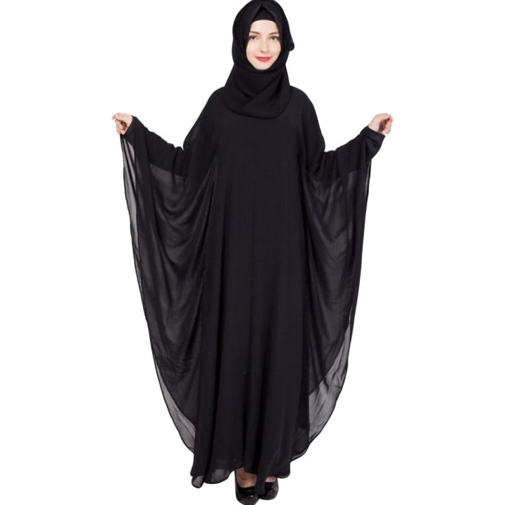 Double Layer Imported Chiffon Material Kaftan Abaya With Scarf For Girls Ladies Durable Quality-Black Color
