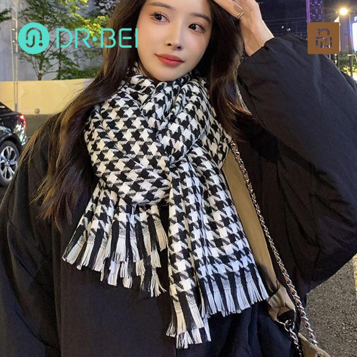 Thick Warm Long Scarf Stylish Black White Plaid Print Scarf with Tassel Trim Warm Shawl for Women Women Black White Scarf
