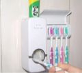 White Automatic Toothpaste Dispenser and Toothbrush Holder Set, Wall Mounted Hands Free Toothpaste Squeezer with 5 Brush Holder, Toothpaste Squeezing Machine. 