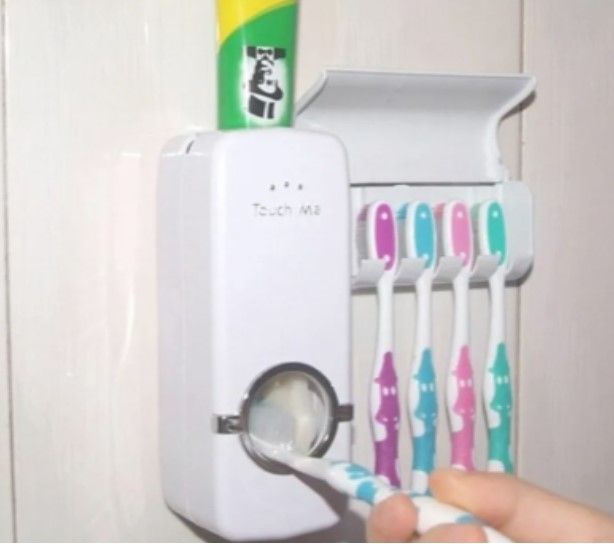 White Automatic Toothpaste Dispenser and Toothbrush Holder Set, Wall Mounted Hands Free Toothpaste Squeezer with 5 Brush Holder, Toothpaste Squeezing Machine