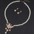 1Set Women Necklace Beaded Glossy Faux Pearls Rhinestone Embedded Flower Bride Necklace Stud Earrings Kit Qoddess. 