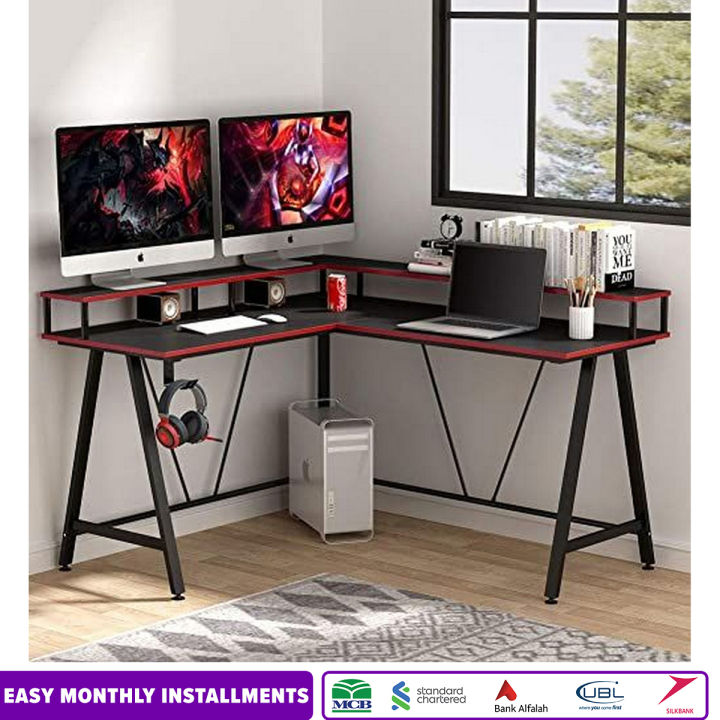 L-Shaped Desk with Shelf, Corner Computer Gaming Desk with Monitor Stand for Home Office and Gamer, Large PC Laptop Study Writing Table Workstation