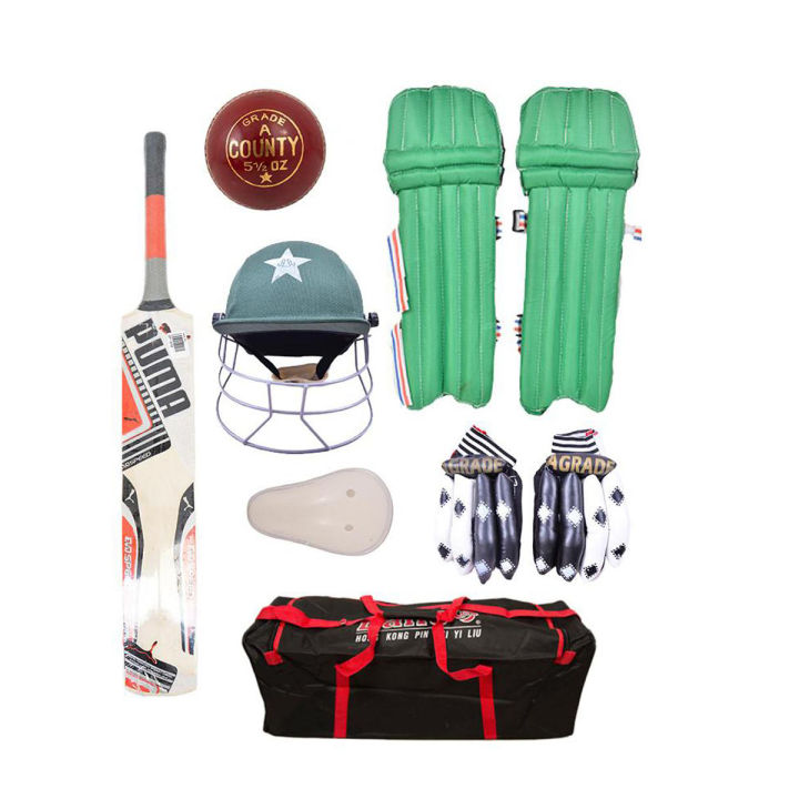 PREMIUM SPORTS Pack of 7 Kids Cricket Kit Set For 5 - 9 Years Juniors (1 x Hard Bat 1 x Hard Ball 1 x Pair of Gloves 1 x Cricket Kit Bag 1 x Helmet 1 x Under Guard 1 x Pair of Junior Leg Pads) - MultiColor
