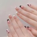 y2k Nails 24pcs Nails Black Pink Color French Press Nail Tips with Five-pointed Star Pattern Artificial Nail Tips for Girls. 