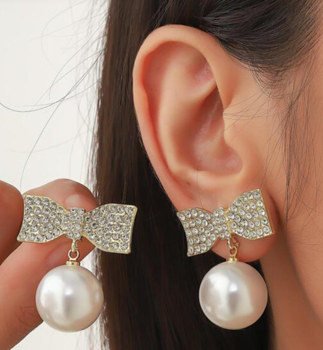 Gold Plated Bow White Pearl Dangle Drop Stud Earrings for Women