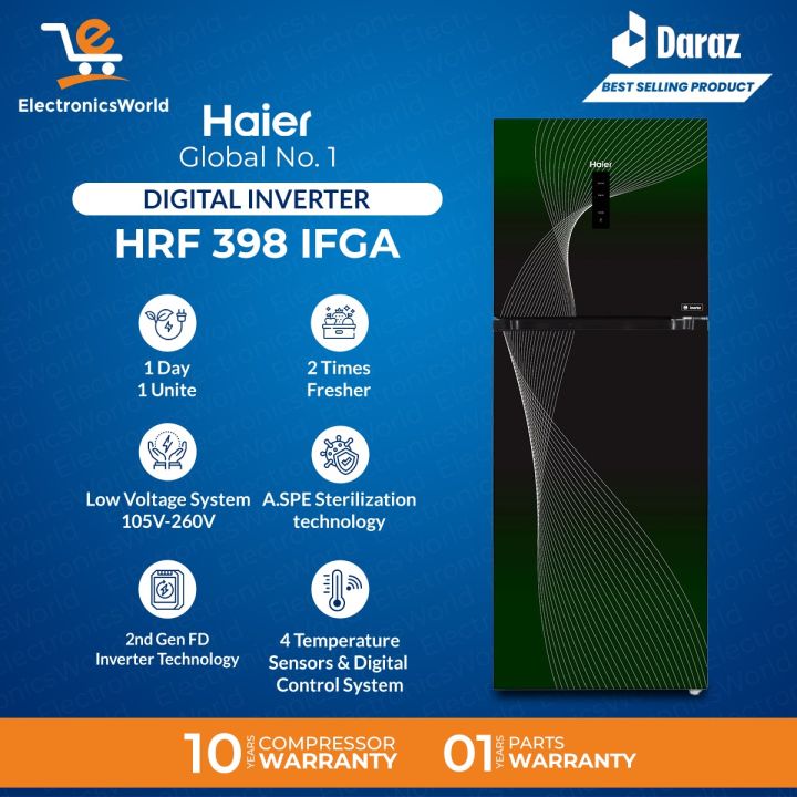 Haier Refrigerator Digital Inverter HRF-398 IFPA/GA/RA16 Cu Ft-(Fresher & HCS Technology+Digital Control Panel+4 Temperature Sensors+ABT Technology+Inverter Compressor+Glass Door) Red/Purple/Green Color Refrigerator/10 Years Warranty