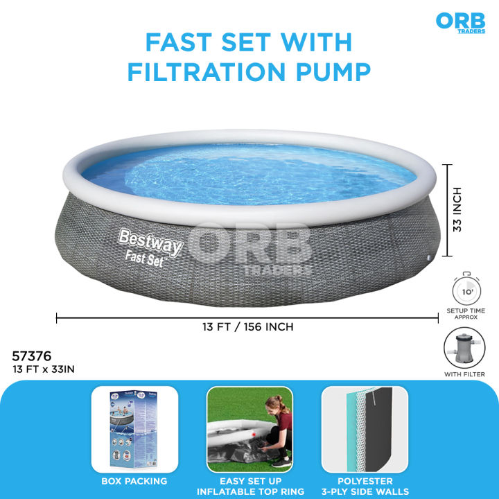 Bestway Fast Set Pools with Filter, 13 ft & 15 ft Extra Large Size Family Pool with 33 inch & 42 in depth, Inflatable Top Ring Quick Setup Deep Swimming Pool for Home with Water Filtration Pump, BW 57376, 57372, 57313, Easy Set Heavy Duty 3 Ply PVC Pool