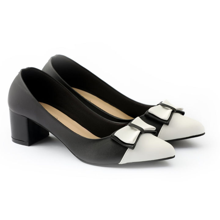 Ostrow |Black & White Ladies Court Shoes for Women| Block Heel | Taal Shoes