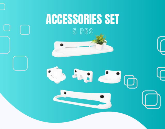 5-in-1 Plastic Bathroom Accessories Set -Stylo Plastics Towel Rack, Soap Dish, Brush Holder, Mirror Frame & Cloth Hook - Waterproof, No-Drill, Lightweight - Modern Organizer for Small Bathrooms - SanitoStore