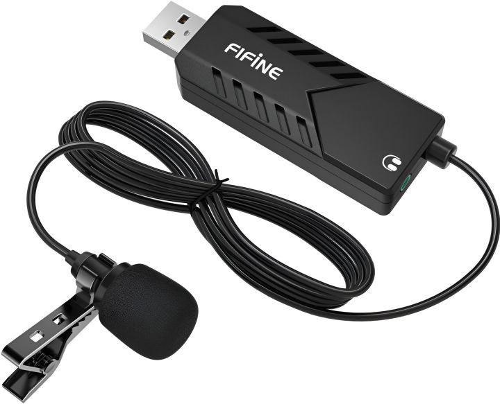 FIFINE USB Lavalier Microphone, Clip-on Cardioid Condenser Computer mic Plug and Play USB Lapel Microphone with Sound Card for PC and Mac-K053