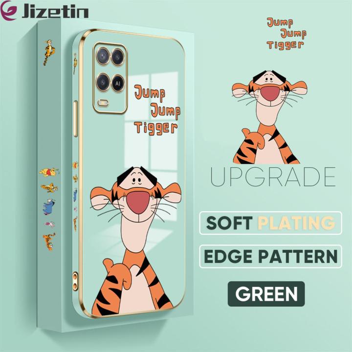 Jizetin (Free Lanyard) for OPPO A54 2021 Back Cover Jump Jump Tiger Luxury 6D Plating Case Side Pattern Soft Silicone Square Phone Cases