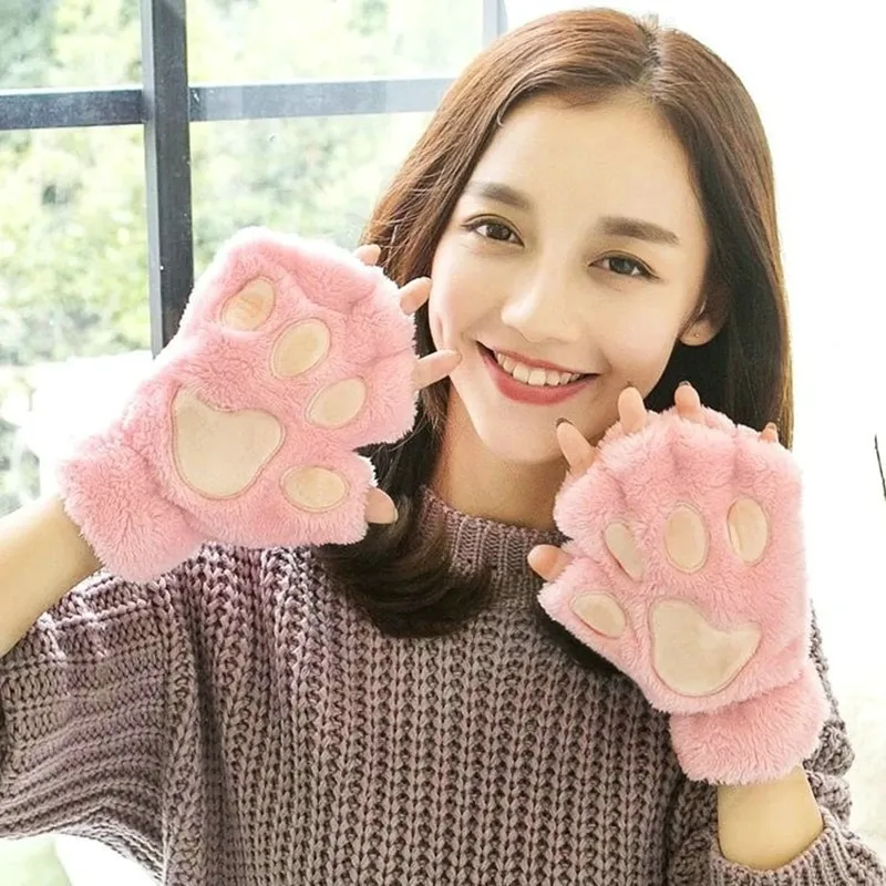 Cute Cat Paw Gloves Warm Winter Plush Mittens With