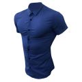 Canis-Men Casual Shirt, Solid Color Short Sleeve Lapel Neck Slim Fit Button-Down Leisure Tops. 