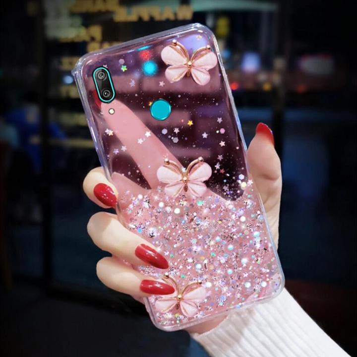 For Huawei P Smart 2019 Back Cover Luxury 3D Shiny Rhinestone Butterfly Glitter Sequins Starry Girls Cases Clear Soft TPU Silicone Protective Mobile Phone Case