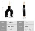 Prime Style SPLITTER HEADPHONE MICROPHONE ADAPTER U SHAPE Gold plated 3.5MM JACK HEADSET MIC AUDIO (BLACK). 