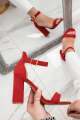 Women's Luxury Suedette Block Heel Sandals with Thin Straps, Pink/Red/Black. 