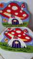 Whimsical Mushroom Cottage measuring 43 x 38 cm punch needle wall hanging. 
