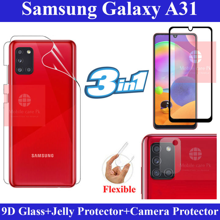 Samsung Galaxy A31 Full Black 9D|5D|6D|10D|11D|21D Tempered Glass Screen Protector Full Glue Edge To Edge + Back Camera 9H Gorilla Flexible Protector + Back Jelly Protector Clear Soft Film Protection For Samsung Galaxy A31