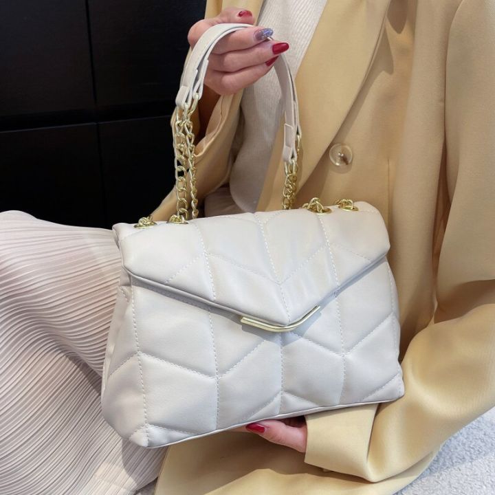 Thread Purses White Quilted Shoulder Bags for Women Chain Leather Crossbody Bag ...