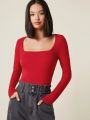 Square Neck Fitted Full Sleeve Tee – Cotton Blend, Slim Fit, Casual Wear, Size S-XL. 