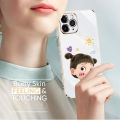 Hontinga for Samsung Galaxy A22 5G Back Cover（Free Lanyard）Luxury 6D Plating Cute Cartoon Happy Girl Side Pattern Case Soft Silicone Square Phone Cases. 