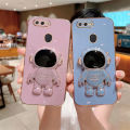 For OPPO A5s Back Cover with Cartoon Astronaut Folding Stand Luxury 6D Plating Frame Shiny Cases Soft Silicone Square Protective Mobile Phone Case. 