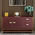 Modern Maroon Sideboard Buffet Table: Elegant Cabinet with 3 Doors, 1 Drawer, and Gold Frame Accent. 