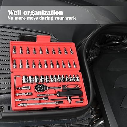 46 pcs Socket Wrench Set 1/4"Drive Metric Mechanic Tools Kit Mini Socket SET, Bit Ratchet Sockets with Extension Bar for Automotive, Car, Bike, Household and Auto Repairing with Storage Case