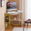 Corner Computer Table with Smooth Keyboard & Storage Shelves for Home Office Workstation Table , White & Gold. 