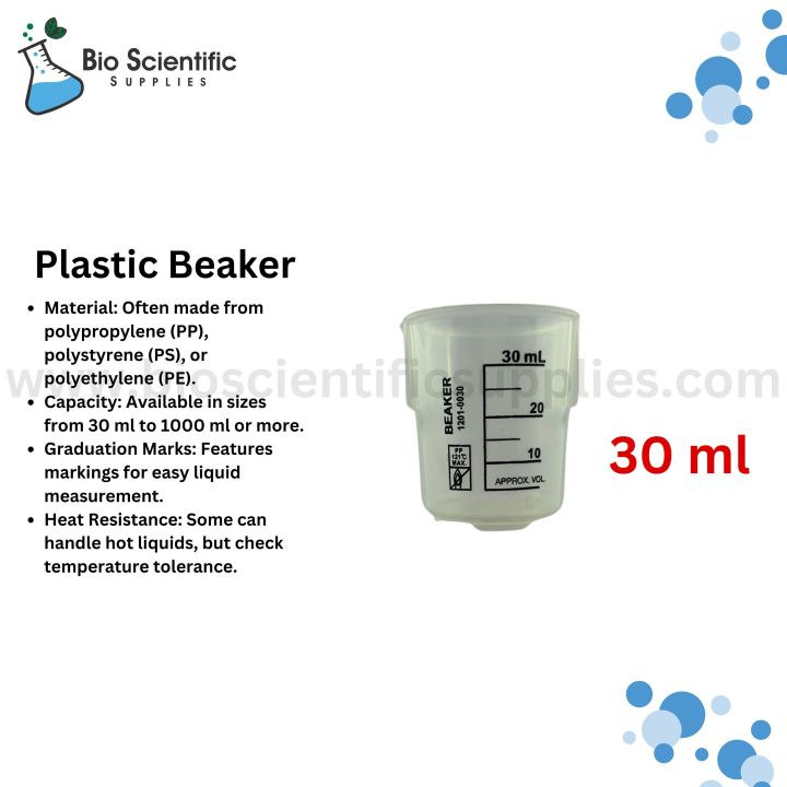 Plastic Beaker 30 ml, Measuring Cup 30 ml - Polypropylene Plastic - Raised Graduations, - Euro Design – Unichem – Use Education Equipment for Industrial and Academic Labs easy reading, or used widely in kitchen. - Science Research Kitchen, Chemistry Class