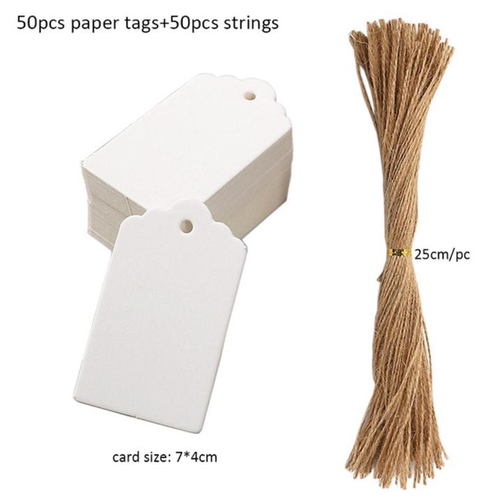50pcs Kraft Paper Tags White Cardboard Cards with Strings Wedding Birthday Christmas Party Gift Tag Cookie Packaging Supplies