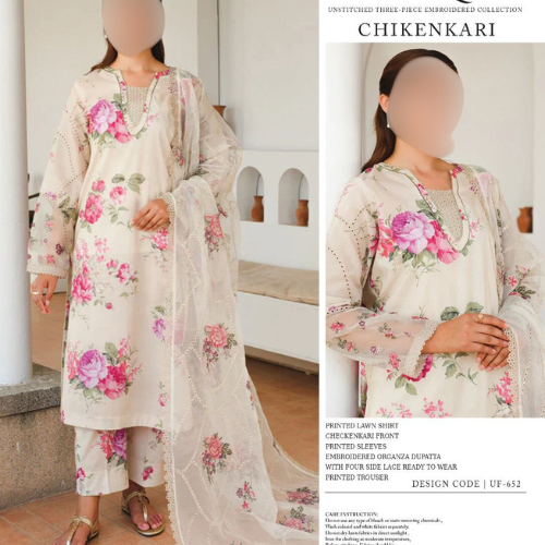 3 Piece Unstitched Ladies Lawn Suite Baroque UF-652 Organza Dupatta | Embroidered Chikankari Front & Heavy Sleeve Patches | Digital Printed 90/70 Lawn Shirt & Trouser | Premium Women's Wear Collection | Back Printed Design