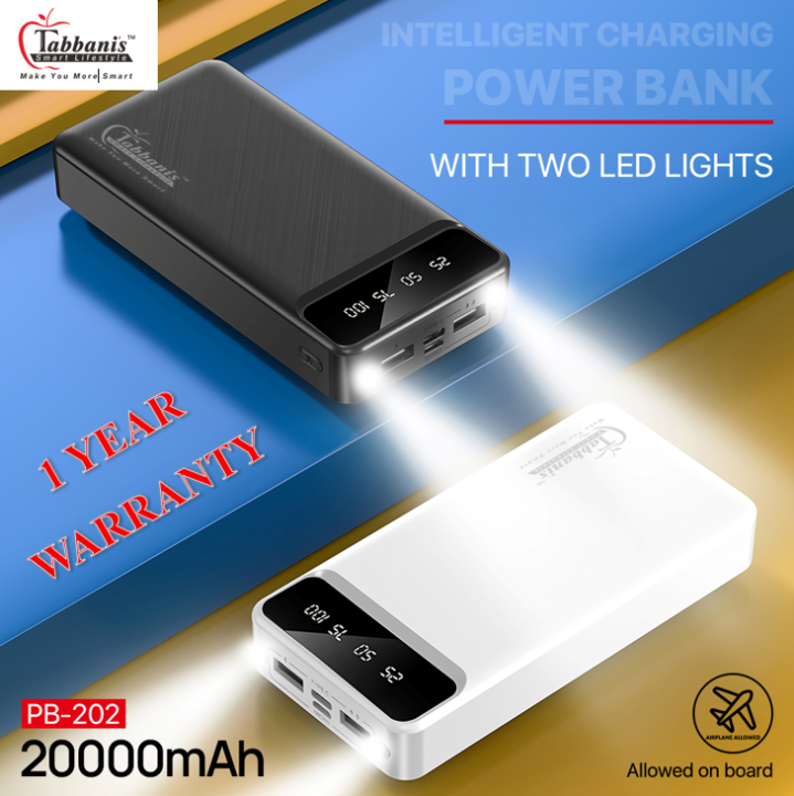TABBANI'S 1 YEAR WARRANTY - 2.1A CAHRGING - 10000mAh/20000mAh - DUAL TORCH LIGHT -  SLIM AND SLEEK BODY - WITH SMALL TYPE'C' CABLE - 4 LED INDICATOR - High-Quality Power Bank with 2.1A CHARGING - Type-C Cable - 1 Year Warranty