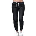 Women Solid Color Drawstring Ankle Tie Slim Stretchy Jeans Plus Size Denim Pants. 