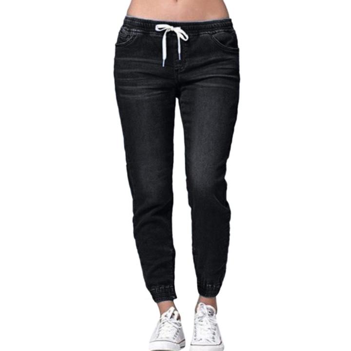 Women Solid Color Drawstring Ankle Tie Slim Stretchy Jeans Plus Size Denim Pants
