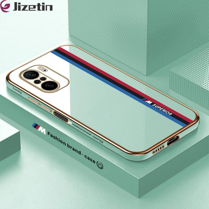 Jizetin (Free Lanyard) for Xiaomi Poco F3 Back Cover Car Track Luxury 6D Plating Case Side Pattern Soft Silicone Square Mobile Phone Cases