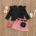 Baby Girl Clothes Set, Solid Color Long Sleeve Crew Neck Ruffle Tops + Elastic Waist A-Line Skirt + Pendant Bag. 
