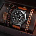 SOKI New Men's Business Alloy 4 pcs Jewelry Set Casual Leather Strap Number Date Quartz Wristwatch Fashion Watch. 